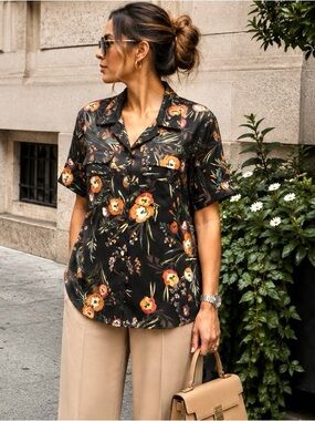 DR2 Black Floral Short-Sleeve Button-Down Shirt